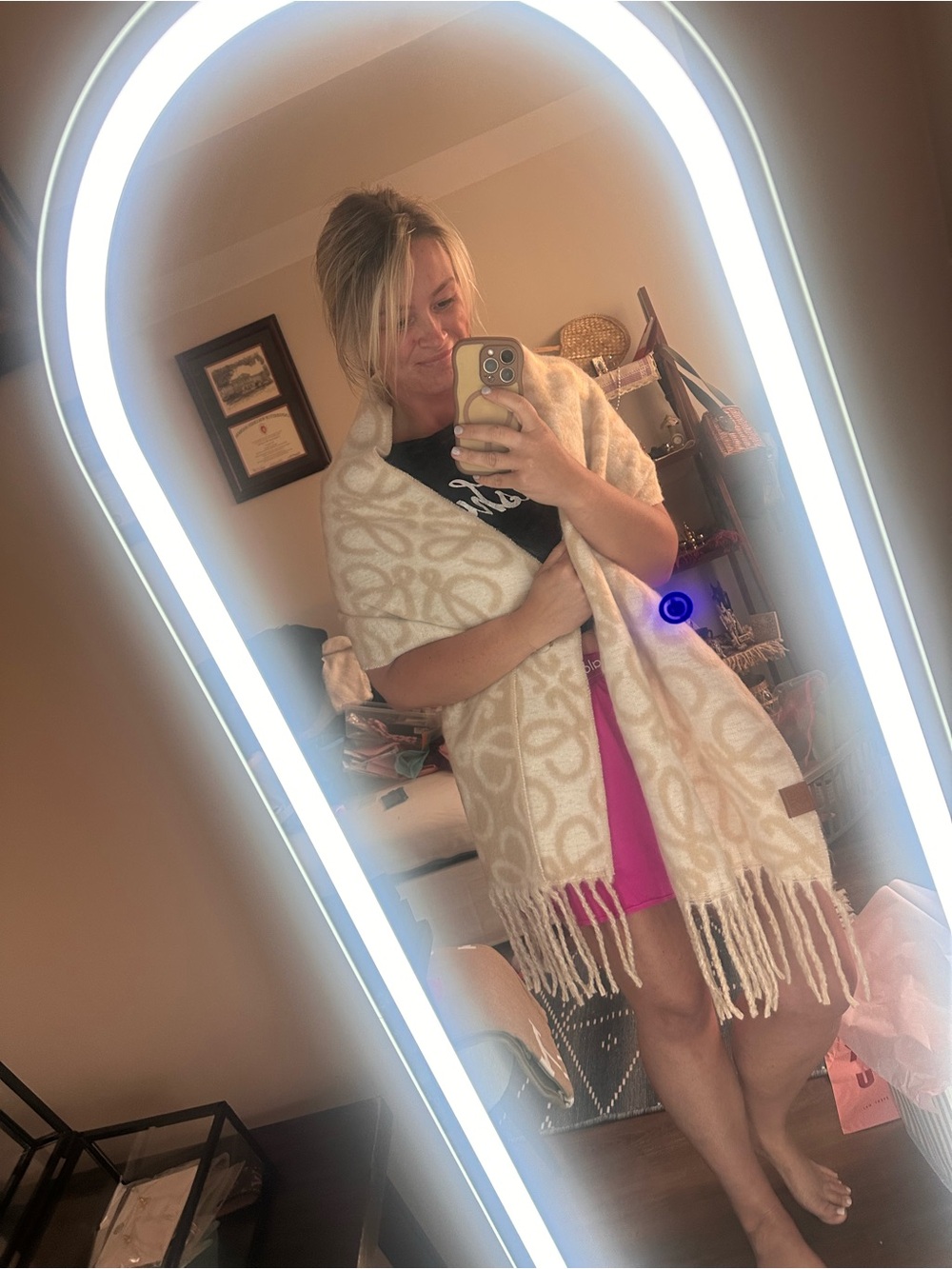 Beige & Cream Signature Logo Fringe Scarf Wrap - Picture 10 of 12